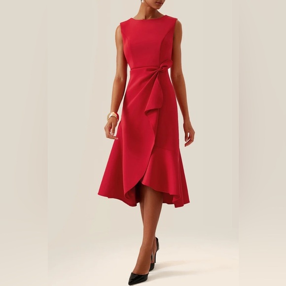 NWT Fehaute red asymmetrical ruffled boat neck sleeveless dress sz 4 - Picture 1 of 10